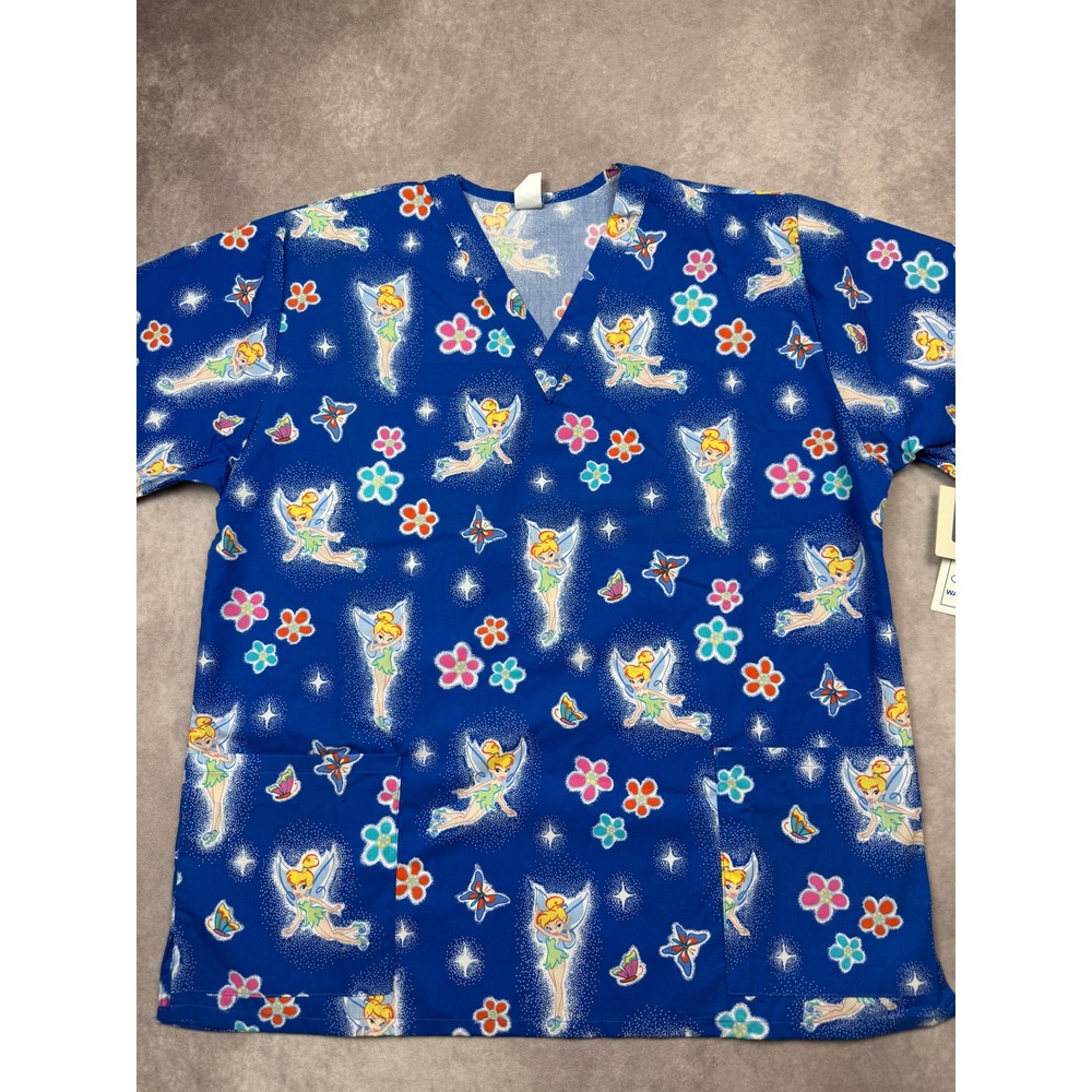 NWT VTG Disney X Barco Uniforms Tinkerbell Blue V Medical Scrub Top Womens L USA